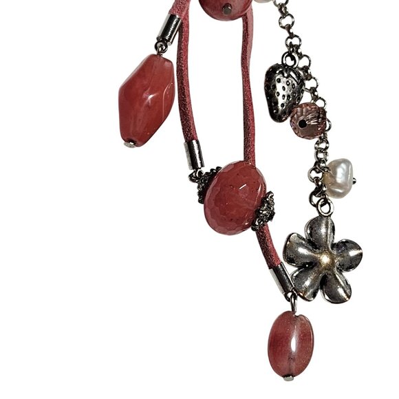 Boho Pink Beaded Silver Tone Strawberry Flower Charm Necklace Fashion Jewelry - Picture 2 of 8
